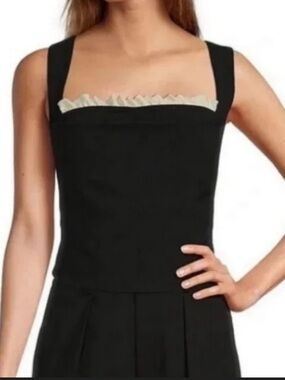ANTONIO MELANI Black Sleeveless Square-Neck Top with Cream Ruffle Trim